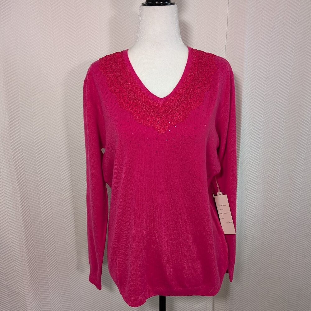 Hot Pink Sweater Lace Embellished Wool Blend V Neck Rhinestones Soft Size L/XL